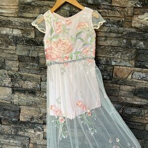 Rare Editions Pink and Green Flutter Sleeve Maxi Dress
